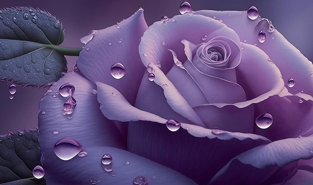 Bliska fotografia makro purpurowej róży z kropelkami wody po deszczu