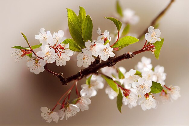 Bliska, jasnoróżowe kwiaty wiśni Sakura na białym tle na niewyraźne tło