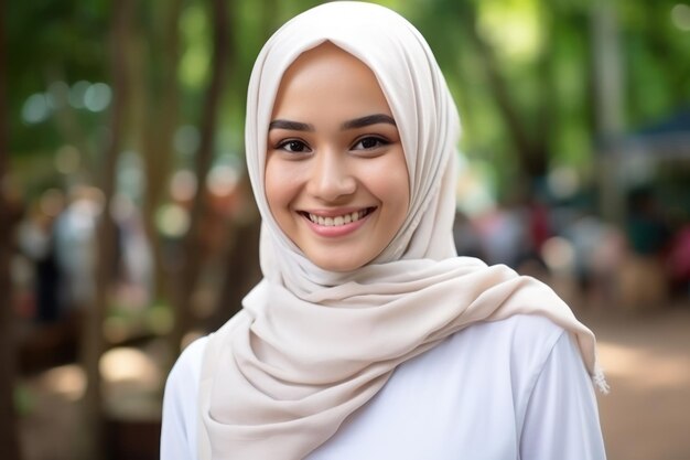 Bliska muzułmańska kobieta uśmiechająca się do kamery w pobliżu drzew w parku
