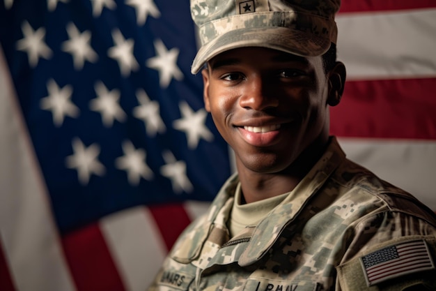 Bliska portret amerykańskiego żołnierza z tłem flagi