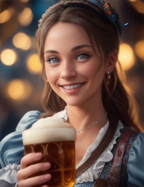 Bliska portret dziewczyny w mundurze kelnerki, ciesząc się Oktoberfest z piwem i bokeh