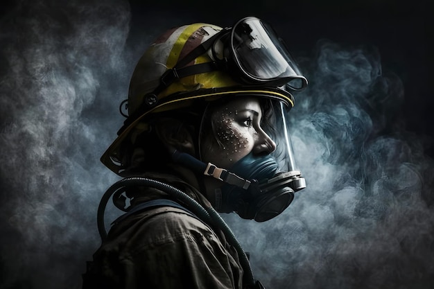 Bliska portret strażaka w mundurze ochronnym i masce ochronnej Wygenerowana sztuczna inteligencja sieci neuronowej