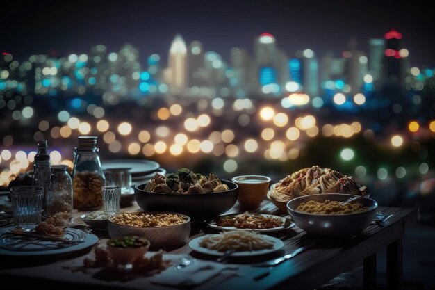 Bliska różnorodność stołu z arabskim jedzeniem podczas posiłku iftar na ramadanie generowanym AI