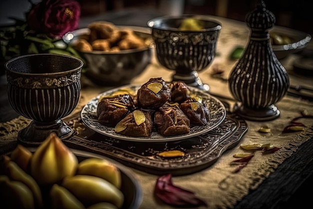 Bliska różnorodność stołu z arabskim jedzeniem podczas posiłku iftar na ramadanie generowanym AI