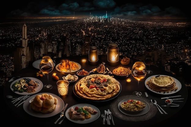Bliska różnorodność stołu z arabskim jedzeniem podczas posiłku iftar na ramadanie generowanym AI