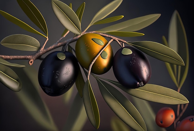 Bliska strzał trzech ekologicznych oliwek przedstawiających owoce i liście