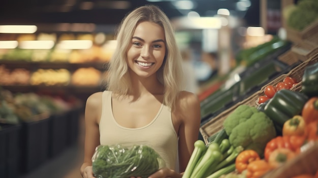 bliska twarz portret uśmiechniętej kobiety z owocami i warzywami