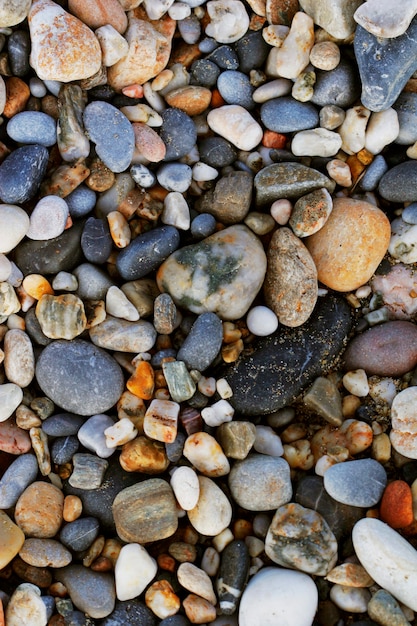 Bliska Widok Gładkich Polerowanych Wielobarwnych Kamieni Wyrzuconych Na Brzeg Na Plaży.