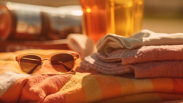 bliska widok stosu ręczników okulary przeciwsłoneczne i butelka oleju do opalania na piasku plaży