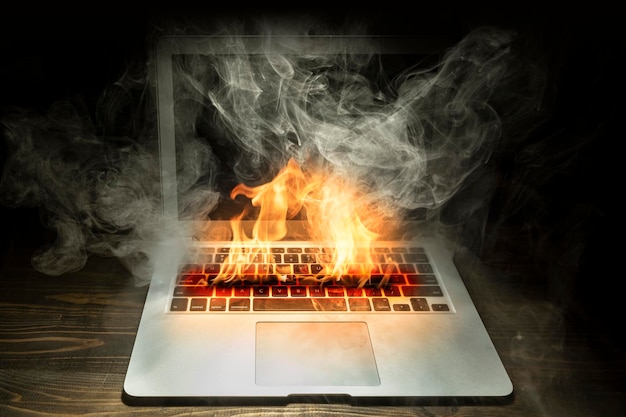 Bliski laptop spalony płomieniem i dymem na drewnianym biurku izolowanym na czarnym tle