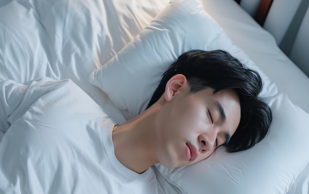 Bliski ujęcie koreańskiego mężczyzny śpiącego w białym łóżku z pustą przestrzenią Generatywna sztuczna inteligencja