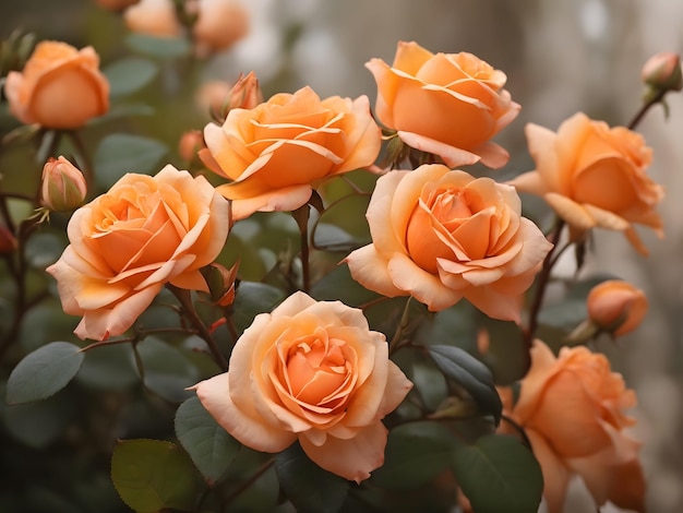 Bliski widok pięknych kwiatów róży pomarańczowej czekających na wiosnę we włoskim ogrodzie