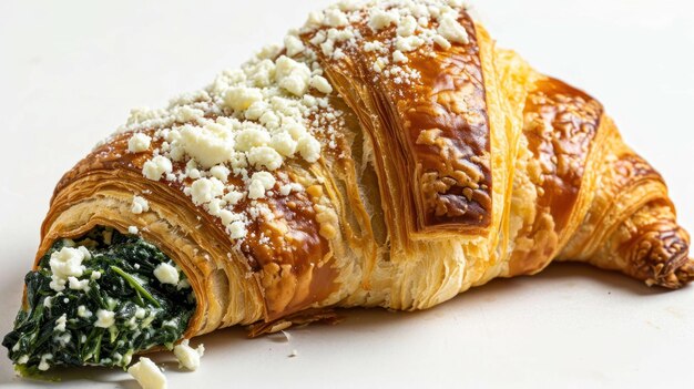 bliski widok szpinaku i Feta Croissant na białym tle