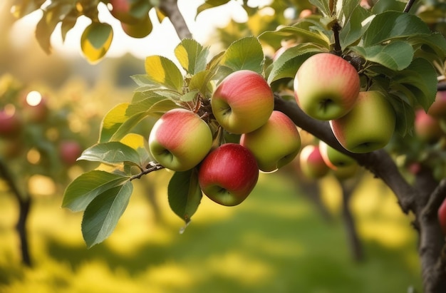 bliskie czerwone dojrzałe jabłka wiszące na gałęzi drzewa jabłkowego sad jabłkowy plantacja jabłkowa słoneczny dzień