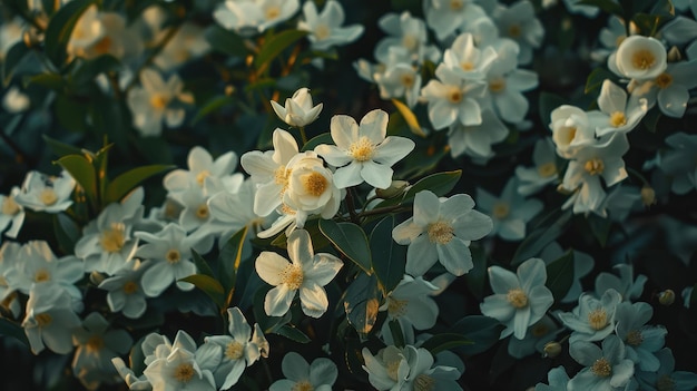 Zdjęcie bliskie kwiaty jasminu na krzaku w ogrodzie