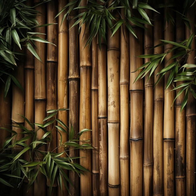 bliskie ogrodzenie bambusowe z zbiorem zielonych roślin generatywnych ai