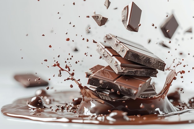 Bliskie ujęcie kawałków czekolady latających i przekształcających się w płynne czekoladki z czystym białym tłem i dużą przestrzenią dla tekstu Generatywna sztuczna inteligencja