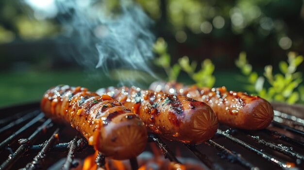 Bliskie ujęcie trzech hotdogów pieczonych na grillu z dymem i dużą kopią przestrzeni Generative AI