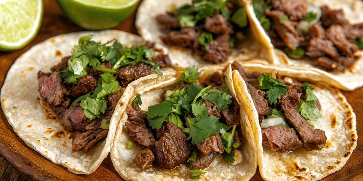 Bliskie zdjęcia czterech pysznych tacos z wołowiny na drewnianym talerzu