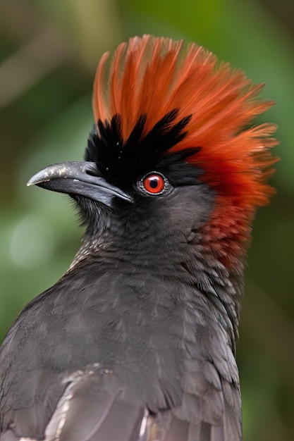 Bliskie zdjęcie czarnego i czerwonego ptaka z czarną głową i czerwonymi piórami.