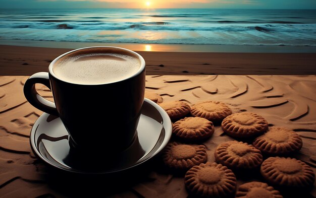 Zdjęcie bliskie zdjęcie filiżanki kawy na stole w pobliżu okna z widokiem na morze