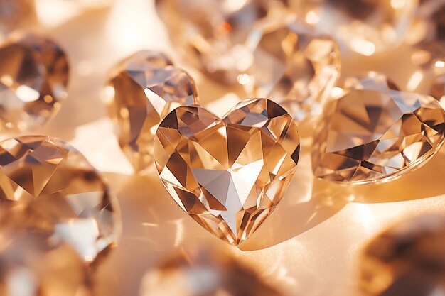 bliskie zdjęcie kryształów w kształcie serca pływających na jasnym złotym tle