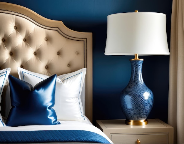 Bliskie zdjęcie niebieskiej ceramicznej lampy na nocnym stoliku w pobliżu łóżka z beżowym głowicą z tkaniny i niebieskimi poduszkami i kocem francuski projekt wnętrza nowoczesnej sypialni