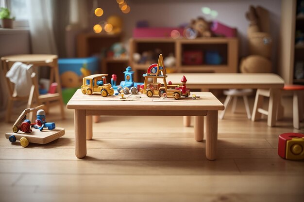 Bliskie zdjęcie pustego drewnianego stołu wśród dziecięcych przygód
