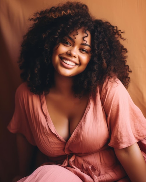 Bliskie zdjęcie radosnej afroamerykańskiej młodej kobiety śmiejącej się na jasnoróżowym tle