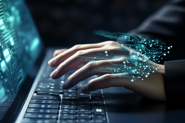 Zdjęcie bliskie zdjęcie ręki używającej komputera z sztuczną inteligencją nowoczesna technologia tła