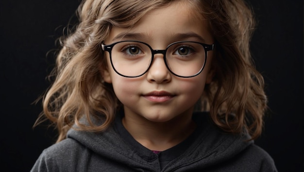 blisko mała dziewczyna nosząca okulary odizolowana na czarnym tle