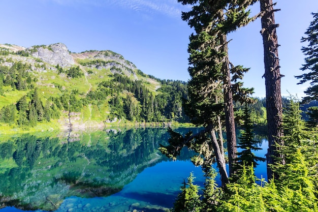 Bliźniacze jeziora w obszarze rekreacyjnym Mt.Baker, Waszyngton, USA