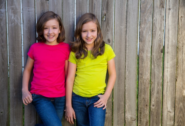 Zdjęcie bliźniacze siostry z różną fryzurą pozuje na drewnie one fechtują się