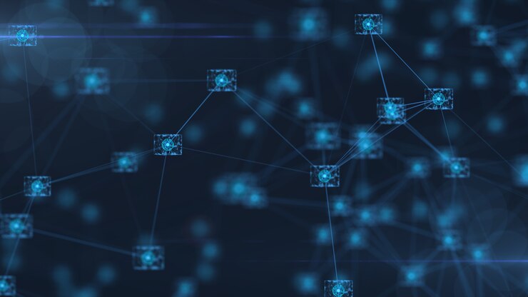 Zdjęcie blockchain sieci pojęcie isometric cyfrowych bloków kwadratowego kodu dane duży związek.