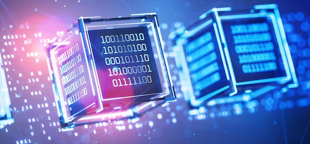 Blockchain Sztuczna Inteligencja Abstrakcyjne tło techniczne Blok danych Duże dane Kod binarny Atak hakera Kocka z kodem binarnym Kod komputerowy Technologie cyfrowe AI Rendering 3D