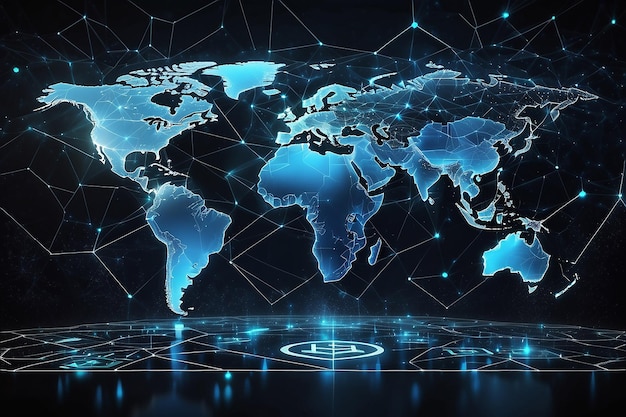 Blockchain technologia futurystyczna hud tło z mapą świata i blockchain peer-to-peer sieć Globalna kryptowaluta blockchain biznes baner koncepcja