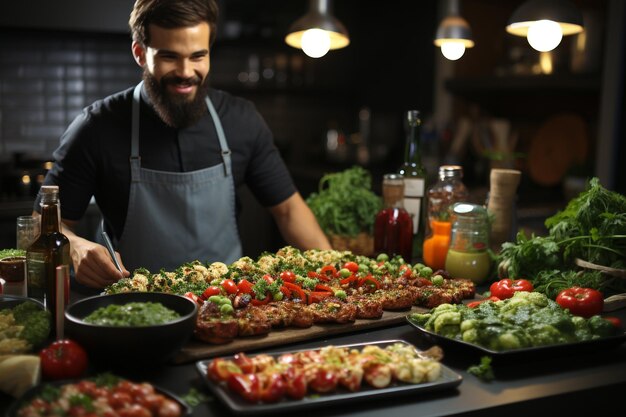 Zdjęcie bloger gastronomiczny nagrywa film, aby podzielić się swoim doświadczeniem w produkcji żywności