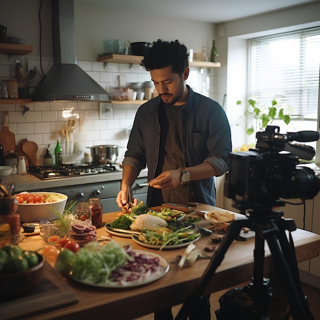 Bloger gastronomiczny nagrywa filmy w swojej kuchni, aby pokazać