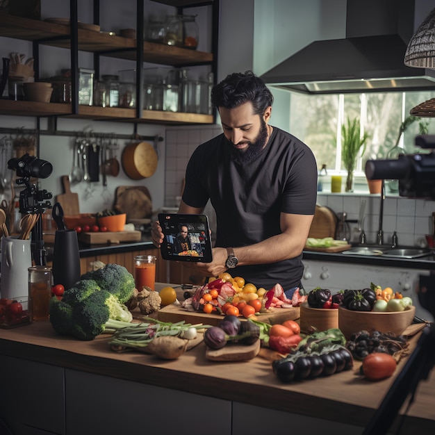 Bloger gastronomiczny nagrywa filmy w swojej kuchni, aby pokazać