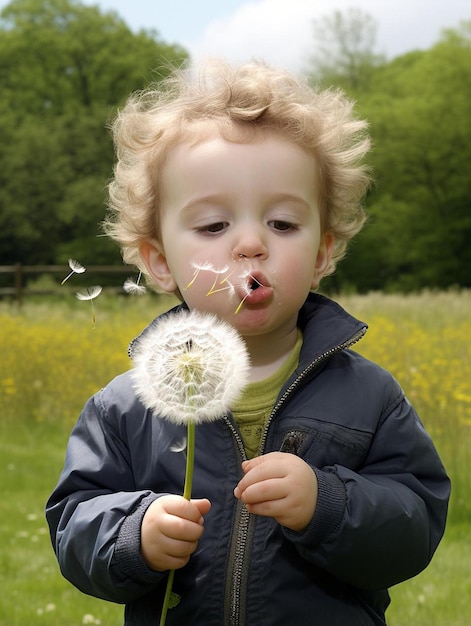Zdjęcie blond chłopiec dmucha na kwiat owieczki