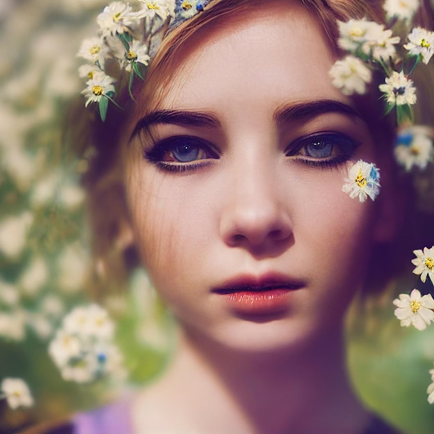 Blond kobieta portret z zamkniętymi oczami i kwiatami w tle renderowania 3d