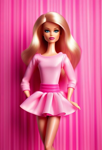 Blond lalka w różowym garniturze na różowym tle Generative AI