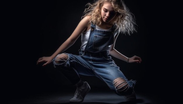 Blond piękność w dżinsach tańczy z elegancją wygenerowaną przez sztuczną inteligencję