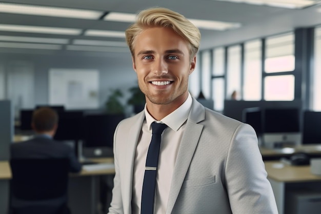 Zdjęcie blondynka biznesmen w biurze stylowy pewny siebie biznesmen pracujący w biurze