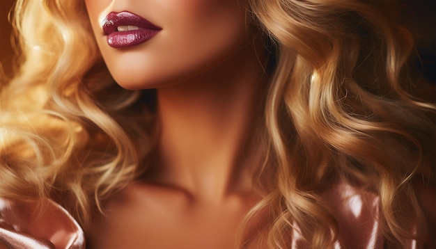 Blondynka blisko na ustach z szminką lub błyszczącym wargami Rubin czerwony Portret bliska stylizacja fryzury