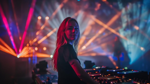 Blondynka cieszy się tętniącym życiem festiwalem techno na plaży w nocy z kolorowymi światłami laserowymi