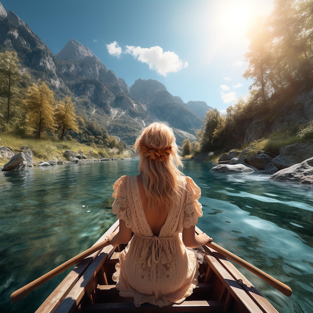 Zdjęcie blondynka jedzie łodzią po pięknej górskiej rzece.