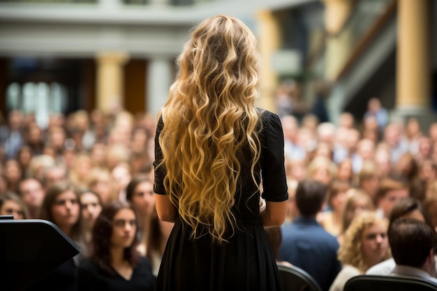 Blondynka mówiąca widok z tyłuAI