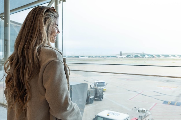 Blondynka na lotnisku patrząca w okno z płaszczem czekająca na samolot