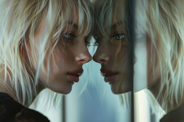Zdjęcie blondynka patrząca na swoje odbicie w lustrze.